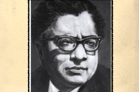 Black and white photo of Mohan Rakesh wearing glasses on a tan background.